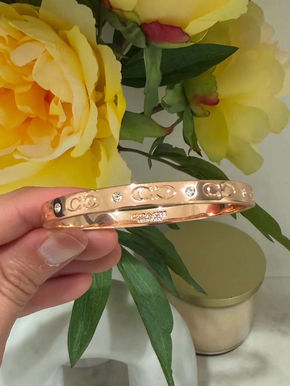 Coach Rose Gold Logo & Crystal Signature Bangle Bracelet